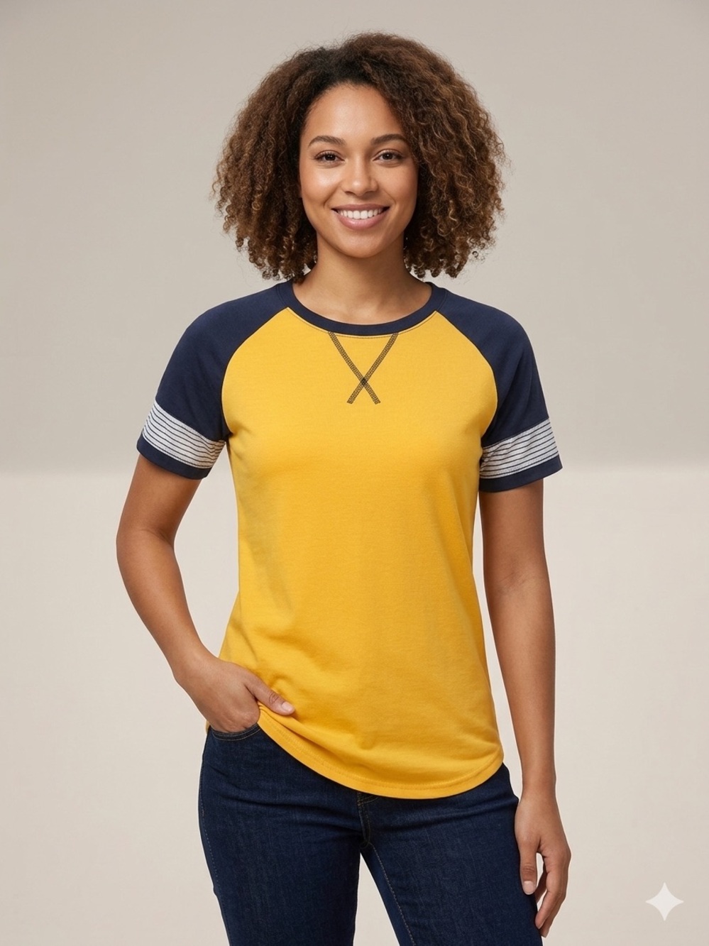 ADIBOSY Yellow Navy Blue Colorblock Raglan Tee M